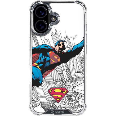 DC Comics Superman Flying Over City Pose iPhone 16 Plus Clear Case